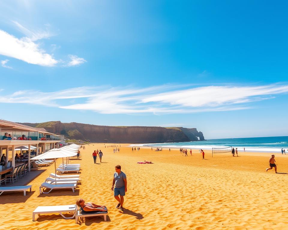 A beautiful day at Praia da Falésia in Portugal, featuring a stunning beach scene with golden sands stretching into the distance. In the foreground, a modern beach service area with sun loungers and umbrellas neatly arranged, alongside a beach bar serving refreshments. In the middle ground, vacationers in modest casual clothing enjoying the beach and engaging in various activities like beach volleyball and walking along the shore. The background showcases the striking reddish cliff formations unique to Praia da Falésia, with bright blue skies and gentle white clouds overhead. Soft, warm sunlight bathes the scene in a relaxing, inviting atmosphere, capturing the allure of this dream beach destination. A clear and vibrant image, angle focusing slightly from an elevation to capture the beach and cliffs together harmoniously.