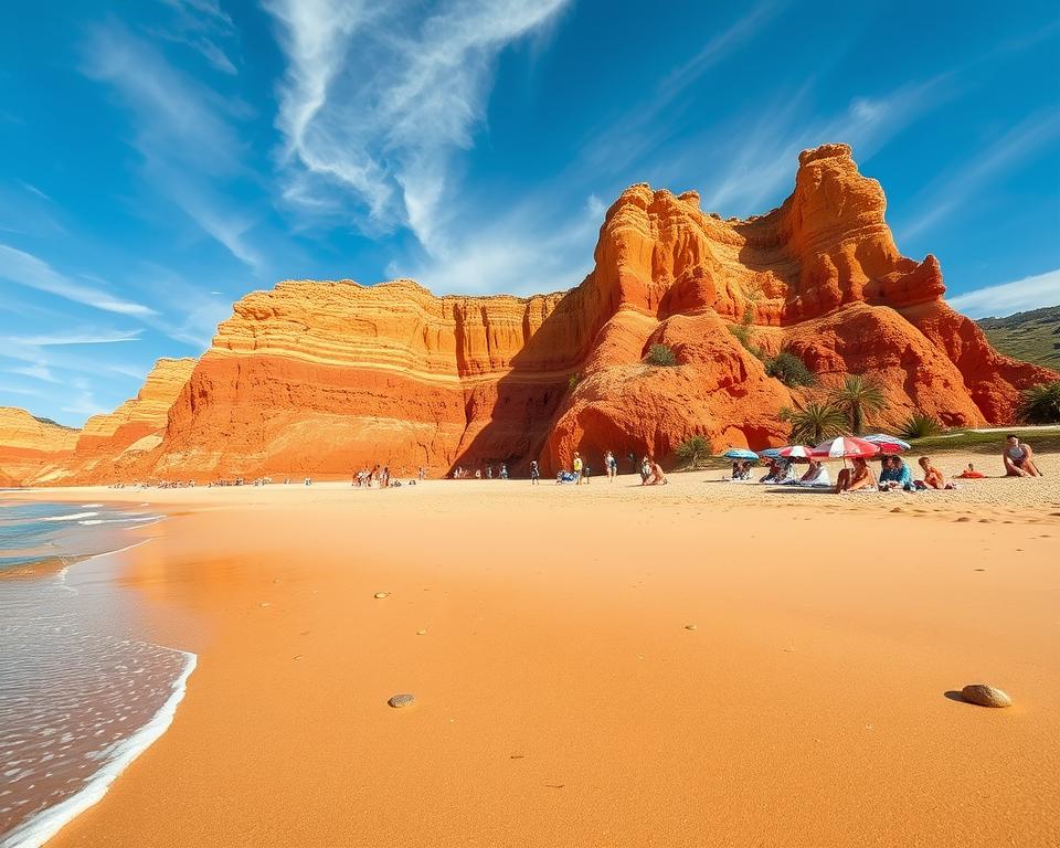 A breathtaking scene of Praia da Falesia in Portugal, showcasing the iconic red, orange, and cream cliffs that tower majestically over the sandy beach. In the foreground, gentle waves lap at the shore, with smooth pebbles scattered among the fine sand. The middle ground features sunbathers and families enjoying the tranquil environment, dressed in modest casual attire, relaxing under colorful umbrellas. In the background, the vibrant cliffs rise against a bright blue sky, with wispy white clouds gently floating by. The sun casts a warm golden glow, enhancing the natural colors and creating a serene atmosphere perfect for a dream beach experience. The image should convey a sense of peace and beauty, inviting viewers to discover this unique coastal gem.
