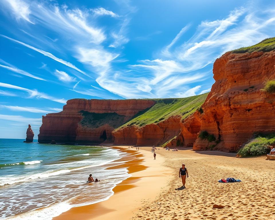 A breathtaking view of Praia da Falésia, Portugal, showcasing its stunning cliff landscape. In the foreground, gentle waves caress the sandy beach, dotted with beachgoers in modest casual clothing enjoying the sun. The middle ground features the iconic red and orange cliffs, richly textured with layered sediment and greenery, while patches of flowers add a burst of color. The background captures a brilliant blue sky with wispy clouds, enhanced by golden sunlight that creates a warm, inviting atmosphere. The overall mood feels serene and harmonious, emphasizing a connection to nature. The composition is framed from a slightly elevated vantage point to highlight the dramatic cliffs and the expansive shoreline, offering a sense of safety in this natural playground.
