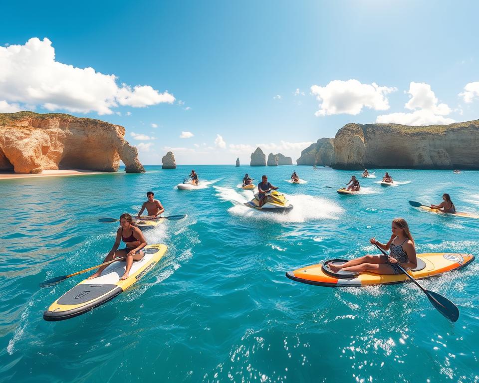 A dynamic scene showcasing watersports in the stunning Algarve region of Portugal. In the foreground, a group of diverse individuals in modest casual clothing are engaged in activities like paddleboarding and kayaking on crystal-clear waters. The middle ground features vibrant jet skis zipping across the waves, while the backdrop reveals breathtaking cliffs and sandy beaches under a brilliant blue sky, dotted with fluffy white clouds. Soft sunlight filters through, illuminating the scene and casting gentle reflections on the water’s surface. The atmosphere exudes excitement and adventure, inviting viewers to experience the thrill of outdoor activities in this picturesque coastal paradise. The image should have a wide-angle perspective that captures the expanse of the landscape.