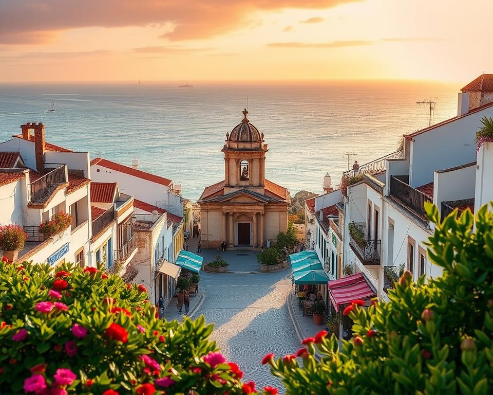 A panoramic view of Albufeira's old town during golden hour, showcasing a breathtaking blend of historic architecture and the shimmering coastline. In the foreground, lush greenery and vibrant flowers frame the scene, leading the eye toward charming cobblestone streets lined with traditional whitewashed buildings and colorful storefronts. In the middle, the iconic bell tower of a church stands majestically, surrounded by bustling cafés and small shops. The blue ocean stretches into the background, dotted with small boats and gently rolling waves under a sky painted with warm hues of orange and pink. The atmosphere suggests peace and charm, evoking a sense of wanderlust and exploration. High detail, wide-angle shot, soft lighting. No human subjects present.