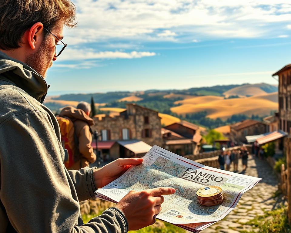 A picturesque scene illustrating the budget of the Portuguese Camino de Santiago. In the foreground, a traveler in modest casual clothing examines a detailed map and a small stack of euros, surrounded by backpacks and travel gear. The middle ground features a rustic village with charming stone buildings, local markets, and pilgrims sharing experiences. The background showcases rolling hills with golden fields and a clear blue sky, enhancing the sense of adventure. Soft, warm lighting casts gentle shadows, creating an inviting atmosphere. The image captures the essence of travel budgeting, showcasing both the beauty of the journey and the practical considerations of exploring this historic route.