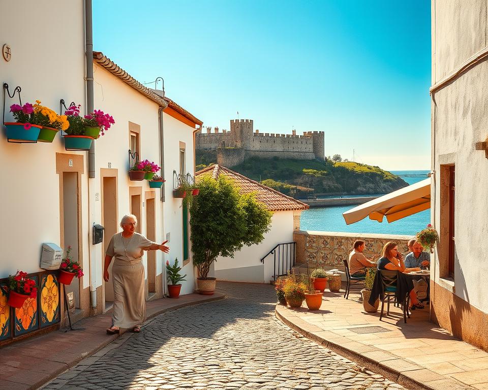 A picturesque scene of Ferragudo, Portugal, showcasing its rich cultural heritage. In the foreground, a narrow cobblestone street lined with whitewashed houses adorned with vibrant flower pots. A local resident, dressed in modest casual clothing, is seen greeting a neighbor, exemplifying the charm of everyday life. In the middle ground, traditional Portuguese tiles can be seen on a nearby café patio with locals enjoying coffee. The background features the iconic Ferragudo castle silhouetted against a clear blue sky, with the shimmering waters of the Arade River. The golden sunlight casts soft shadows, creating a warm and inviting atmosphere. Captured with a wide-angle lens to emphasize the quaintness and beauty of this charming village, evoking feelings of authenticity and tranquility.