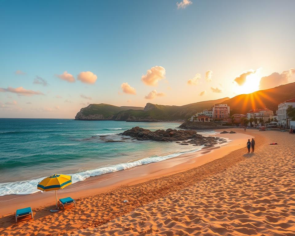 A picturesque scene of Ferragudo's stunning beaches, showcasing golden sands gently kissed by aquamarine waves. In the foreground, a few colorful beach umbrellas and sun loungers invite relaxation, while a couple of people enjoy the serene atmosphere in casual beach attire. The middle ground features smooth rocks and pebbles under clear, turquoise water, with vibrant green cliffs rising majestically in the background. The sun is setting, casting a warm golden light across the scene, creating a peaceful, inviting mood. Soft clouds in the sky reflect shades of pink and orange, enhancing the tranquil ambiance. The image should be captured with a wide-angle lens to encompass the beauty of this idyllic coastal paradise in Ferragudo, Portugal.