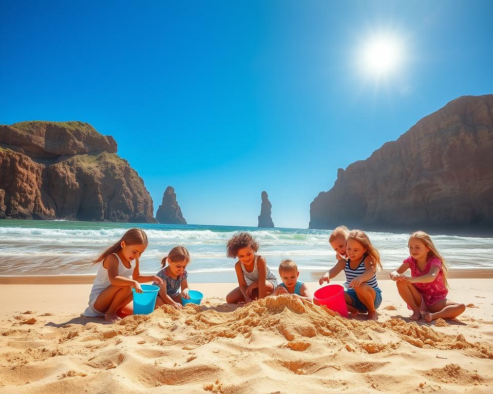 A picturesque scene of Praia da Falésia, Portugal, featuring children playing joyfully on the pristine sandy beach. In the foreground, a group of young kids, dressed in colorful, modest summer clothing, are building a sandcastle together. Their laughter fills the air as they work enthusiastically, with buckets and spades in hand. In the middle ground, gentle waves lap at the shore, creating a serene atmosphere. In the background, stunning reddish cliffs rise majestically, contrasting with the deep blue sky and the bright sun casting warm, golden light over the scene. The overall feel of the image is warm and inviting, capturing a perfect family day at the beach, full of fun and relaxation. The lighting is bright and clear, emphasizing the beauty of this idyllic location.