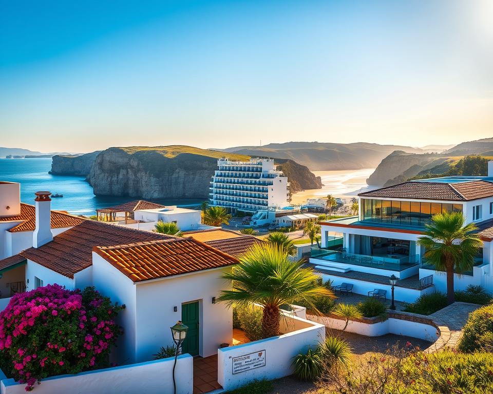 A picturesque scene of various accommodations along the stunning coastline of Portugal, showcasing an array of buildings from cozy beach cottages to elegant seaside resorts. In the foreground, a charming whitewashed cottage with a terracotta roof surrounded by vibrant bougainvillea and palm trees. In the middle ground, a luxurious hotel with large glass balconies offering ocean views, seamlessly blending modern design with the natural landscape. The background features dramatic cliffs and golden beaches under a bright blue sky. The lighting is warm and inviting, capturing the golden hour with soft sunlight casting gentle shadows. The mood is relaxed and inviting, embodying the essence of a perfect getaway. Angle includes a slightly elevated perspective to emphasize the harmony of nature and architecture. No people in the scene to maintain focus on the accommodations.