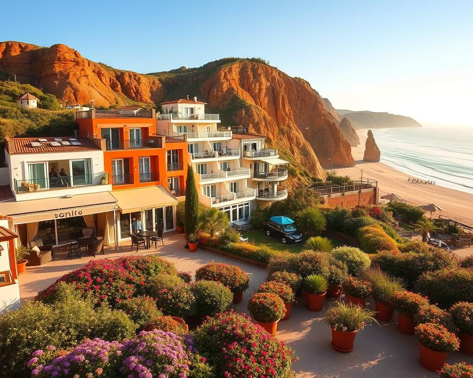 A picturesque scene showcasing a cluster of charming hotels near Praia da Falésia, Portugal. In the foreground, colorful flower-filled gardens and cozy outdoor seating areas invite guests to relax and unwind. The middle ground features elegant boutique hotels with balconies, where guests are enjoying serene views of the stunning beach. Towering cliffs in warm hues of red and orange frame the scene, while gentle waves lap at the sandy shore in the background. The bright, golden sunlight casts a warm glow over the image, creating a tranquil and inviting atmosphere. Use a wide-angle lens to capture the full beauty of the coastline, enhancing the idyllic vacation setting, with a focus on inviting details that reflect a perfect accommodation choice in this coastal paradise.