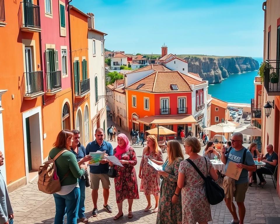 A picturesque street scene in Albufeira's old town, showcasing vibrant Mediterranean architecture with colorful buildings and charming cobblestone paths. In the foreground, a group of diverse, modestly dressed travelers consult a map, appearing engaged and curious about their surroundings. The middle ground features a quaint outdoor café with tables and umbrellas, with people enjoying refreshments. The background reveals the iconic cliffs and coastline of Albufeira under a clear blue sky, capturing the essence of summer. Soft, warm lighting creates a friendly and inviting atmosphere, while the angle is slightly elevated to provide a comprehensive view of the bustling activity below, emphasizing a lively travel experience focused on practical tips for arrival and parking.