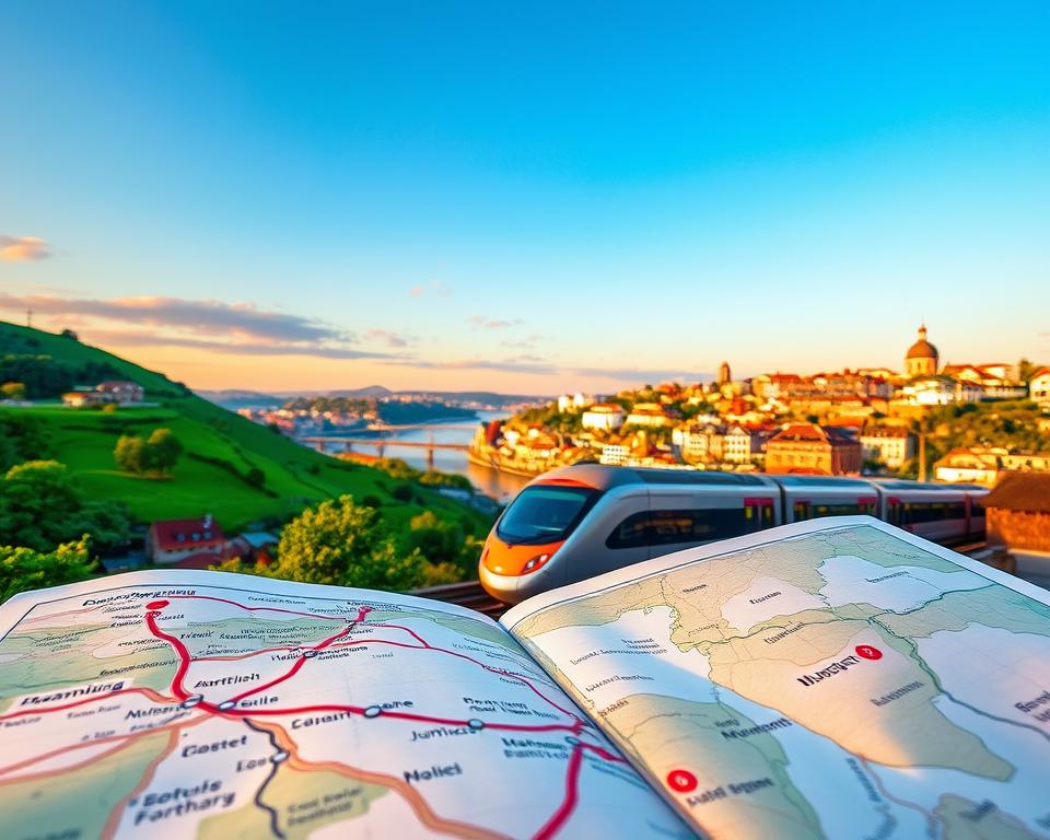A picturesque travel scene showcasing a vibrant travel itinerary from Germany to Porto, Portugal. In the foreground, an open map with notable landmarks, such as the Dom Luís I Bridge, showing routes from cities in Germany, like Berlin and Munich. In the middle ground, a modern train gliding smoothly along scenic landscapes, symbolizing railway travel through lush green hills and quaint villages. The background features the beautiful skyline of Porto at sunset, with warm, golden lighting casting soft shadows and vibrant colors over the historic architecture. The atmosphere conveys excitement and adventure, inviting travelers to embark on their journey, portrayed with a wide-angle view to capture the expansive beauty of the landscape.