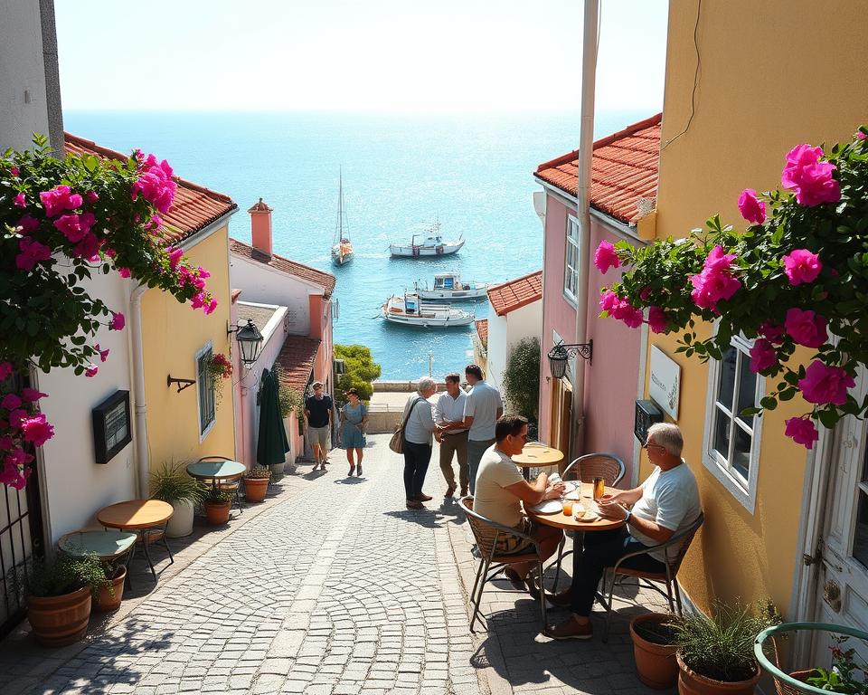 A picturesque view of Ferragudo, Portugal, capturing the essence of a budget-friendly travel experience. In the foreground, a quaint cobblestone street lined with colorful, rustic houses adorned with blooming bougainvillea. A small outdoor café with a few patrons enjoying coffee and local pastries, wearing modest casual clothing. In the middle ground, friendly locals engage in conversation, showcasing the warmth and hospitality of the town. The background features the stunning coastline with traditional fishing boats gently bobbing in the blue waters under a bright, sunny sky. Soft, natural lighting enhances the cheerful atmosphere, while a wide-angle lens captures the beauty and charm of this hidden gem in Algarve. The overall mood is inviting and serene, perfect for travelers seeking practical advice on budget-friendly vacations.