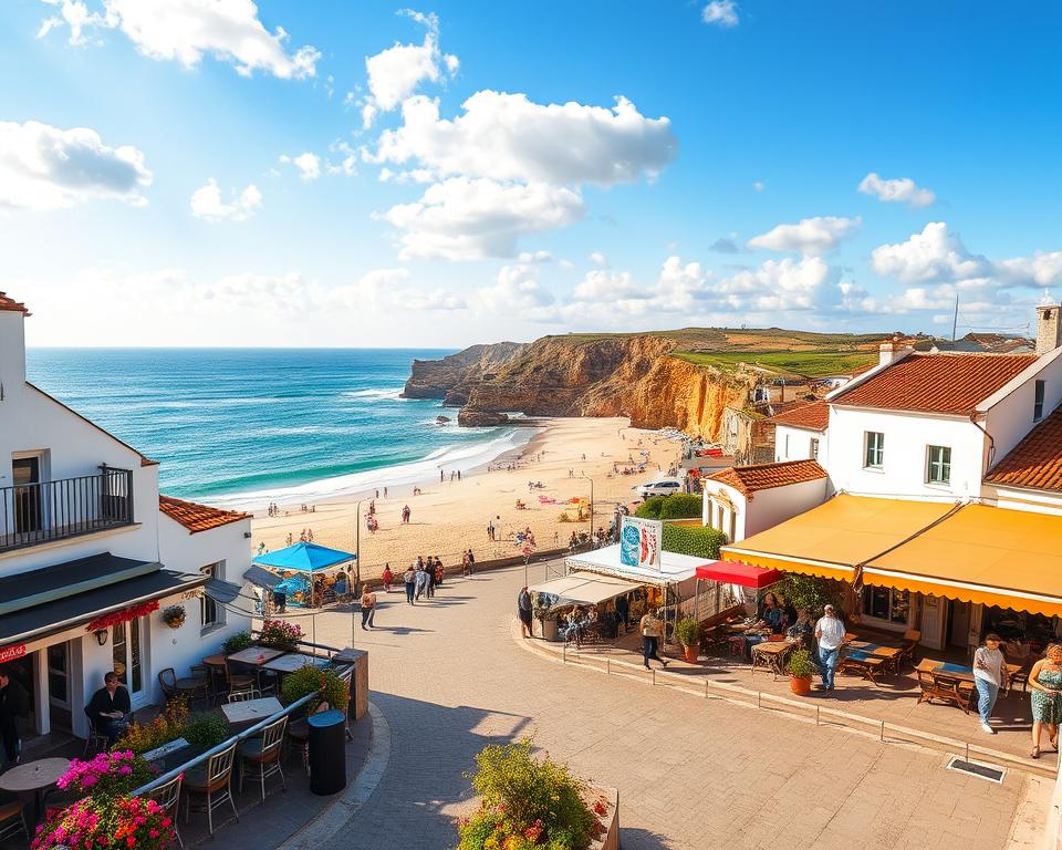 A picturesque view of Ferragudo, Portugal, during the best travel season. In the foreground, a vibrant waterfront scene with cozy cafes, colorful flowers, and traditional whitewashed houses. In the middle ground, the charming sandy beach with visitors enjoying the sunny weather, clad in casual attire, engaged in leisurely activities. Soft golden sunlight bathes the scene, creating a warm and inviting atmosphere. The background showcases the stunning Algarve coastline with rugged cliffs and azure waters, under a clear blue sky dotted with fluffy white clouds. Capture this idyllic moment using a wide-angle lens to emphasize the beauty of the scenery, evoking a sense of tranquility and joy. The image should be lively yet serene, embodying the essence of a perfect travel experience in Ferragudo.