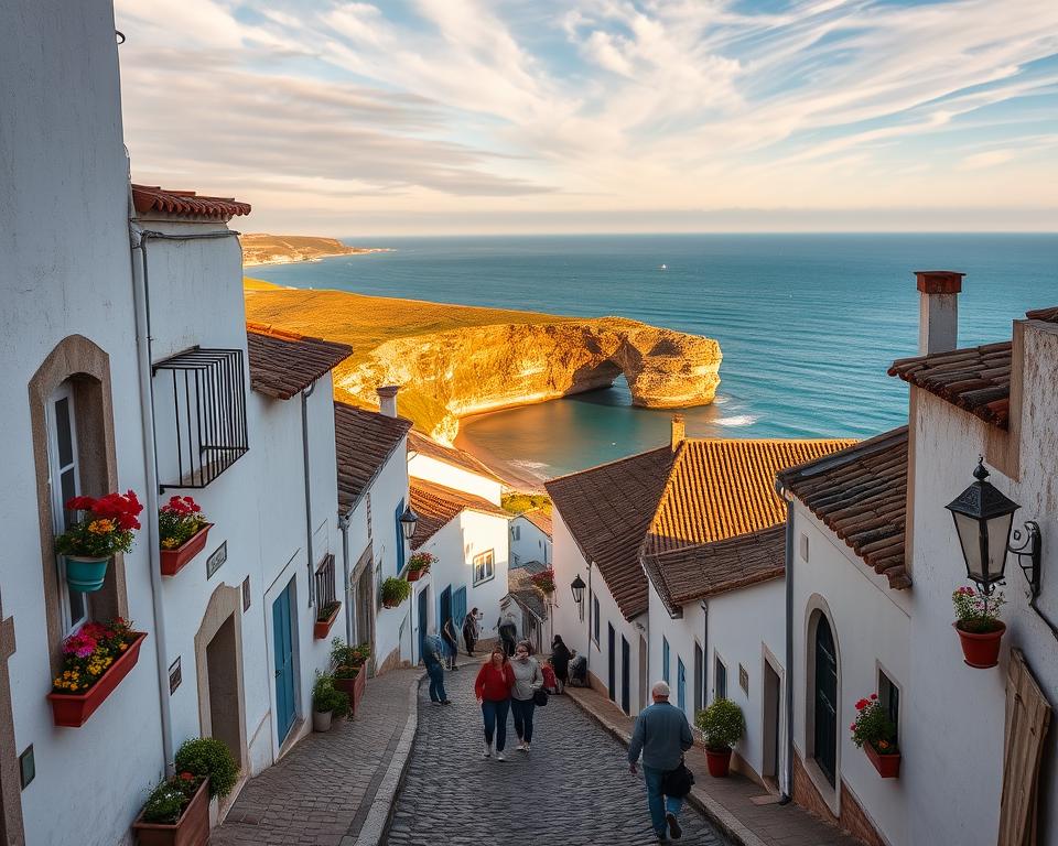 A picturesque view of Ferragudo, Portugal, showcasing its charming old town with narrow, winding streets. In the foreground, traditional whitewashed houses with colorful flower pots line the cobblestone paths, inviting exploration. The middle ground features locals in modest casual clothing engaging in daily activities, adding a lively feel to the scene. In the background, the iconic cliffs of the Algarve coastline meet the clear blue sea, illuminated by warm, golden sunlight during the golden hour. A soft breeze carries the scent of the ocean, enhancing the serene atmosphere. The camera captures this enchanting vista with a slight tilt-up angle, highlighting the vibrant skies filled with wispy clouds, perfect for a postcard-worthy view.