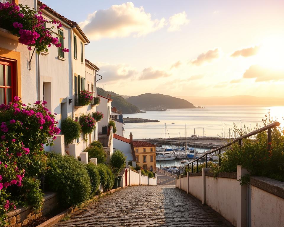 A picturesque view of Ferragudo, Portugal, showcasing its charming seaside village atmosphere. In the foreground, a cobblestone pathway leads towards the harbor, dotted with small fishing boats. On the left, quaint whitewashed houses with colorful window shutters are adorned with lush bougainvillea, adding vibrant splashes of purple and pink. The middle ground features the serene Tagus River, reflecting the soft, golden hues of a late afternoon sun. In the background, the silhouette of a distant hill complements the sky, painted in warm oranges and gentle purples, as fluffy clouds drift lazily. A sense of tranquility pervades the scene, evoking the welcoming charm of this coastal gem. The image is brightly lit, with a slight lens flare for a dreamy effect, captured from a low angle to emphasize the terraced buildings and the inviting waters ahead.