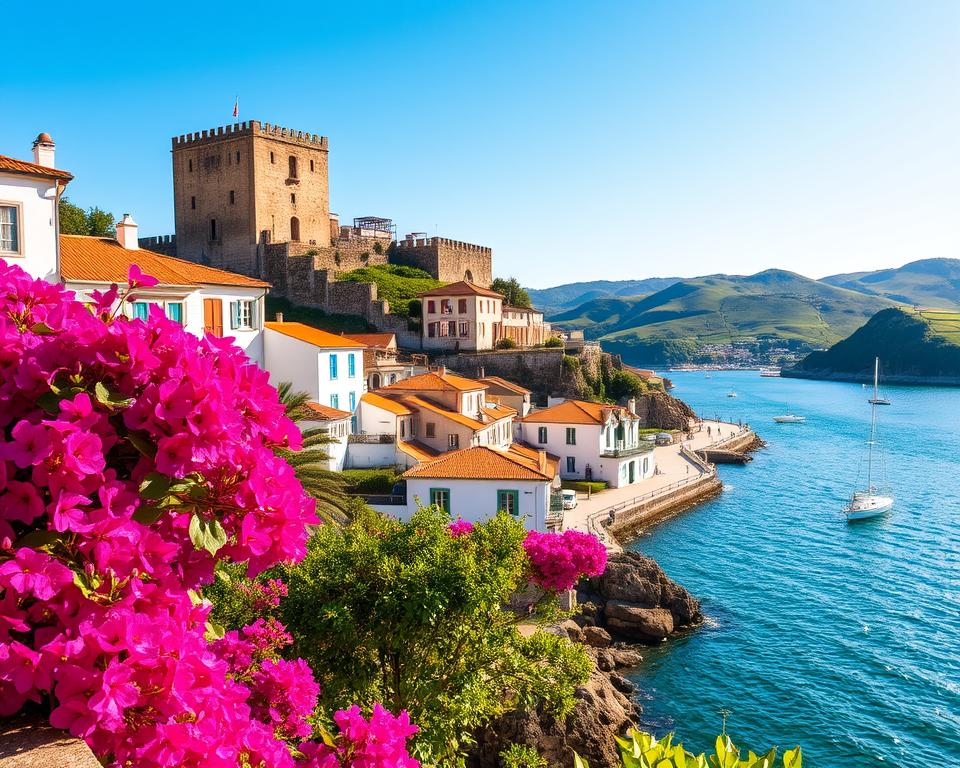 A picturesque view of Ferragudo, Portugal, showcasing the charming coastal village nestled by the waterfront. In the foreground, vibrant bougainvillea blooms in vivid pink and purple contrast with whitewashed houses adorned with colorful shutters. The middle ground features the historic castle perched on a hill, with its stone walls basking in warm sunlight. The sparkling blue waters of the Arade River reflect the clear sky, dotted with small boats. In the background, lush green hills provide a serene backdrop. The warm golden light of late afternoon casts soft shadows, enhancing the tranquil atmosphere. The angle captures the essence of the village, emphasizing both its rustic beauty and stunning natural landscape, creating an inviting and cozy mood.