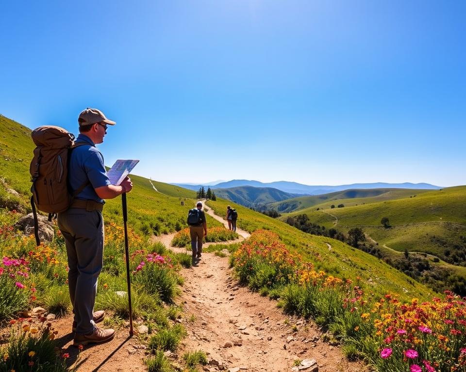 A picturesque view of the Portuguese Camino de Santiago, showcasing a tranquil hiking trail winding through lush green hills and vibrant wildflowers under a bright blue sky. In the foreground, a hiker dressed in casual, modest attire pauses to admire the scenery, holding a walking stick and a map. The middle ground features additional hikers enjoying their journey, with the distinctive yellow arrows marking the trail visible along the path. In the background, rolling hills gradually fade into soft mountains, adding depth to the landscape. The warm sunlight bathes the scene, creating an inviting atmosphere that encourages exploration and camaraderie. The composition captures the spirit of adventure and the beauty of nature, perfect for a guide on planning daily hiking distances.