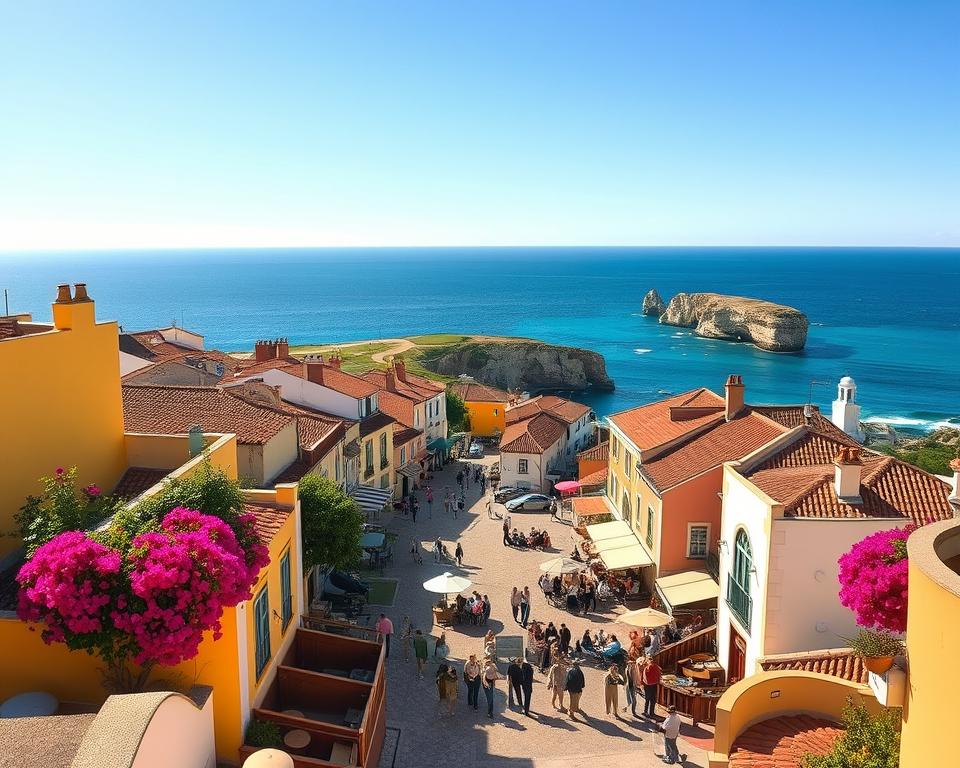 A picturesque view of the beautiful cities of the Algarve, showcasing a vibrant coastal scene. In the foreground, colorful Portuguese buildings, adorned with traditional tiles and blooming bougainvillea, create a lively atmosphere. The middle ground features a bustling market square with people in modest casual clothing enjoying the sun and local culture, surrounded by quaint outdoor cafés. In the background, the stunning cliffs and azure waters of the Atlantic Ocean stretch towards the horizon under a brilliant blue sky. Soft, warm daylight bathes the scene, casting gentle shadows and emphasizing the charm of the architecture. The image conveys a sense of serenity and joy, capturing the essence of the Algarve's enchanting towns.