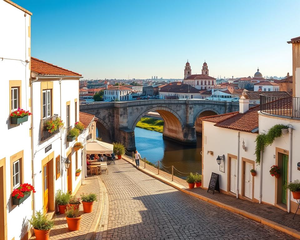A picturesque view of the historic landmarks and charming old town of Tavira, Portugal. In the foreground, include traditional cobblestone streets lined with whitewashed buildings adorned with colorful flower pots. In the middle ground, capture the iconic Roman Bridge arching gracefully over the river, flanked by cafes with patrons enjoying the sun. In the background, depict the beautiful skyline with the silhouettes of ancient churches and bell towers under a clear blue sky. Soft, golden light bathes the scene, creating a warm, inviting atmosphere that reflects the rich cultural heritage of Tavira. Use a wide-angle lens to emphasize the architectural details and vibrant colors, evoking a sense of serenity and timeless beauty in this enchanting town.