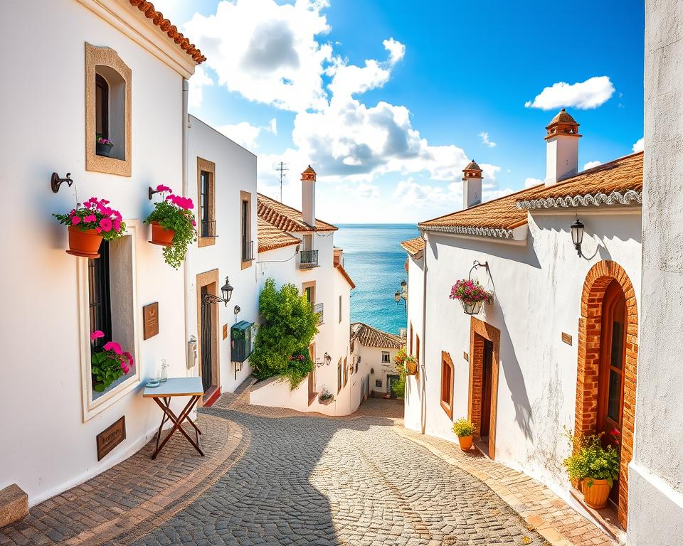 A picturesque view of whitewashed alleys in the historic old town of Albufeira, showcasing charming, traditional architecture with intricate details and vibrant flower pots adorning window sills. The foreground features cobblestone streets glistening in soft sunlight, leading to quaint cafes with outdoor seating. In the middle ground, classic Portuguese buildings with arched doorways and tiled roofs create an inviting atmosphere, interspersed with lush greenery. The background reveals a glimpse of the ocean through a narrow passage, under a bright blue sky dotted with fluffy clouds. The lighting is warm and inviting, capturing the essence of a sunny day, while giving a sense of tranquil charm and rich cultural heritage. The image suggests a serene yet vibrant mood, perfect for illustrating the architectural beauty of Albufeira's old town.