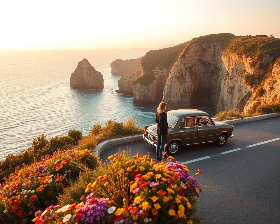 A scenic view capturing the essence of traveling to the picturesque coastline of Portugal. In the foreground, a well-maintained coastal road with vibrant wildflowers lining the edges, inviting travelers. In the middle ground, a charming vintage car parked by the roadside, with a couple dressed in casual yet stylish attire, observing a stunning view of the Atlantic Ocean. The background features dramatic cliffs adorned with greenery, rising majestically above the shimmering blue waters. The sky is painted in soft pastel colors of sunset, casting a warm golden glow over the landscape. The scene conveys a sense of adventure and serenity, perfect for a journey along the Portuguese coast. Captured with a wide-angle lens to emphasize the expansive coastline and inviting atmosphere.