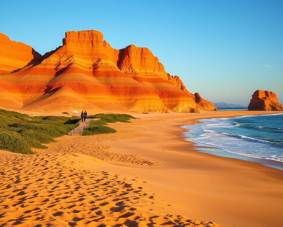 A scenic view of Praia da Falésia beach in Portugal, showcasing the distinctive red and orange cliffs that rise majestically against a clear blue sky. In the foreground, soft golden sands lead to gentle waves lapping at the shore, with a few small beach umbrellas and a couple of people dressed in modest, casual attire, enjoying the serene environment. The middle ground features a pathway winding between lush green vegetation, inviting visitors to explore the various beach access points. In the background, the cliffs tower over the beach, their layers vividly displayed in warm sunlight, creating a tranquil and inviting atmosphere. The scene is bathed in warm, golden hour lighting, emphasizing a feeling of relaxation and peace.
