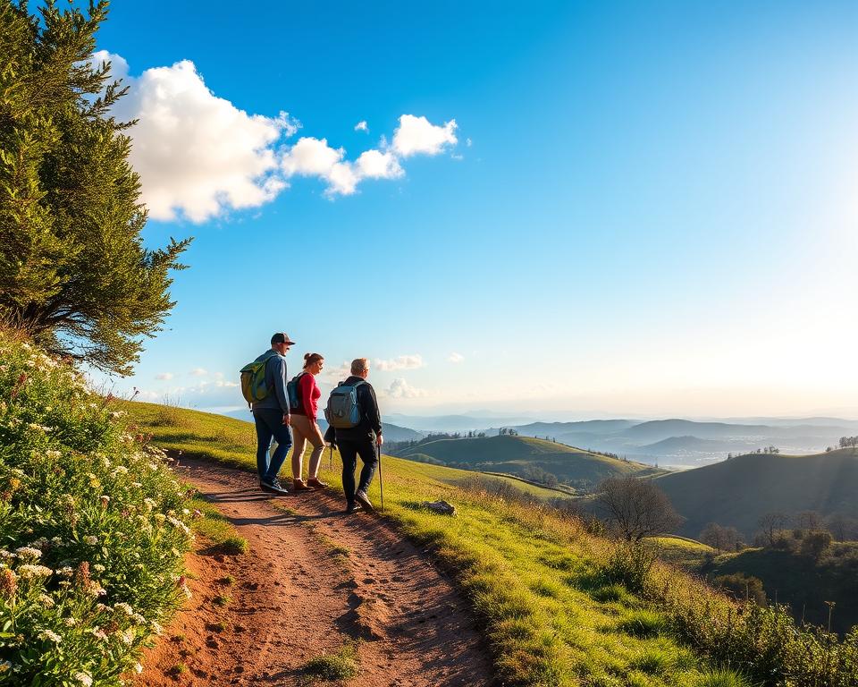A scenic view of the Central Way (Zentralweg) of the Portuguese Camino, showcasing the journey from Porto to Santiago de Compostela. In the foreground, a winding dirt path bordered by wildflowers and lush greenery leads the viewer's eye along the trail. In the middle ground, a group of modestly dressed pilgrims—men and women in practical hiking attire—conversing and admiring the landscape, with backpacks on their shoulders. The background features rolling hills under a bright blue sky, dotted with puffy white clouds and distant mountains. Soft, golden sunlight filters through the trees, casting gentle shadows, creating a warm and inviting atmosphere. The composition captures the serenity and beauty of this historic pilgrimage route, evoking a sense of adventure and peace.