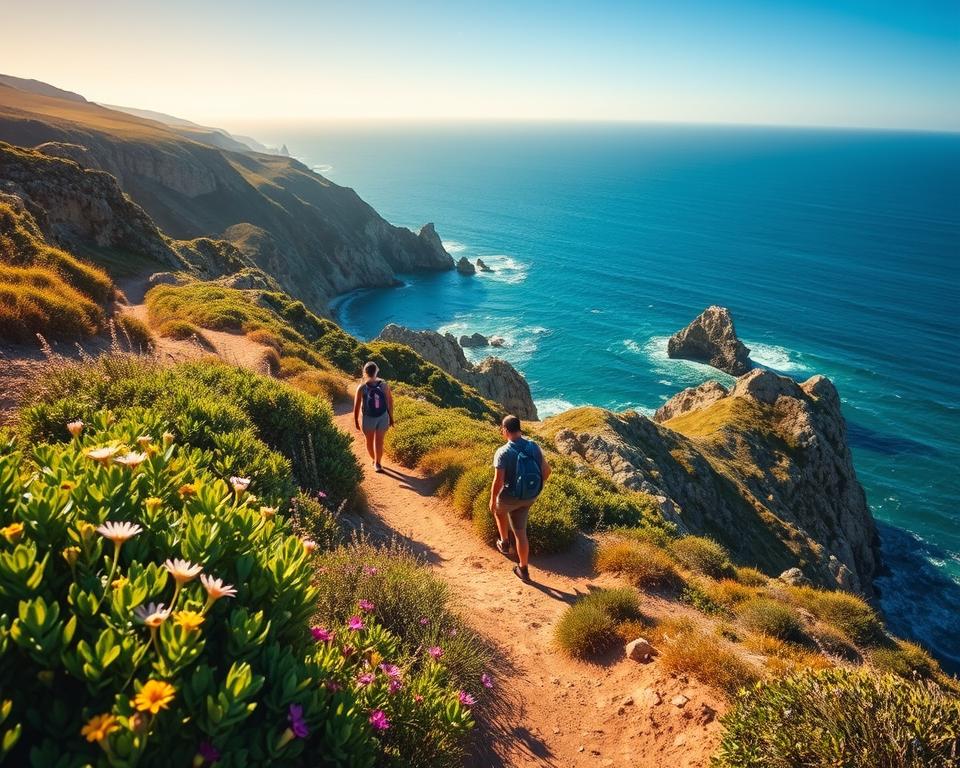 A scenic view of the "Küstenwanderweg" in Portugal, showcasing a winding coastal path along rugged cliffs and golden sandy beaches. In the foreground, lush green shrubs and vibrant wildflowers bloom, adding color and texture. The middle ground features hikers in modest casual clothing, walking energetically along the trail, enjoying the breathtaking views. In the background, the deep blue Atlantic Ocean meets the sky at the horizon, with gentle waves crashing against the rocks. Soft, warm sunlight casts a golden glow, creating a serene and inviting atmosphere. The scene is captured with a wide-angle lens, emphasizing the vastness of the landscape and the dynamic interplay of light and shadow. Overall, the image conveys a sense of adventure and tranquility in nature.