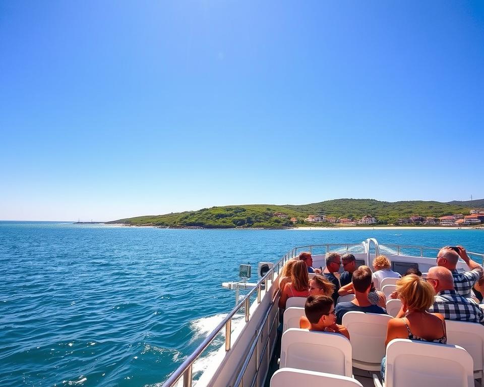 A scenic view of the ferry traveling towards Tavira Island, with a beautiful coastal landscape featuring turquoise waters under a clear blue sky. In the foreground, a charming ferry boat with passengers enjoying the journey, some taking pictures and others looking out at the landscape. The middle ground showcases the lush greenery of Tavira Island, with quaint houses and sandy beaches visible. In the background, the horizon meets a gentle sunrise, casting warm golden light across the scene. The composition should have a slight tilt to emphasize the movement of the ferry, creating a dynamic feel. The overall atmosphere is inviting and serene, capturing the joy of travel to this picturesque destination in Portugal.
