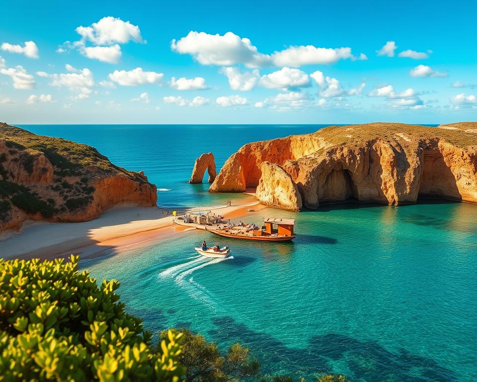 A scenic view showcasing excursions from Praia da Falésia, Portugal. In the foreground, a small boat gently glides across clear, turquoise waters, symbolizing adventure. Nearby, a couple in modest casual clothing enjoys a picnic on the sandy beach, surrounded by lush greenery. The middle ground features dramatic, red and orange cliffs illuminated by soft, golden sunlight, highlighting the natural beauty of the coastline. In the background, the horizon meets a vibrant blue sky with scattered fluffy clouds, creating a tranquil and inviting atmosphere. Use a wide lens to capture the expansive landscape, emphasizing the contrast between the cliffs and the serene sea. The scene should evoke a sense of exploration and relaxation in a breathtaking environment.