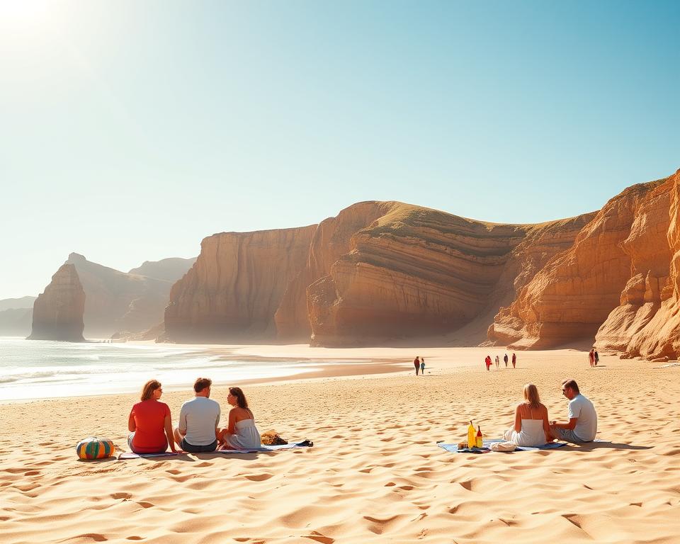 A serene view of Praia da Falésia in Portugal, featuring sweeping cliffs and golden sands under a bright sun. In the foreground, a family enjoys a picnic on the beach, dressed in modest, casual clothing. In the middle ground, a beach umbrella and colorful towels lie on the soft sand, while beachgoers stroll and play nearby. The background showcases dramatic red and orange cliffs rising majestically against a clear blue sky, with soft waves gently lapping at the shore. The lighting is warm and inviting, casting a golden hue over the scene, enhancing the tranquil and joyful atmosphere of a perfect beach day. The image should be bright, vibrant, and inviting, evoking a sense of relaxation and happiness without any text or additional distractions.
