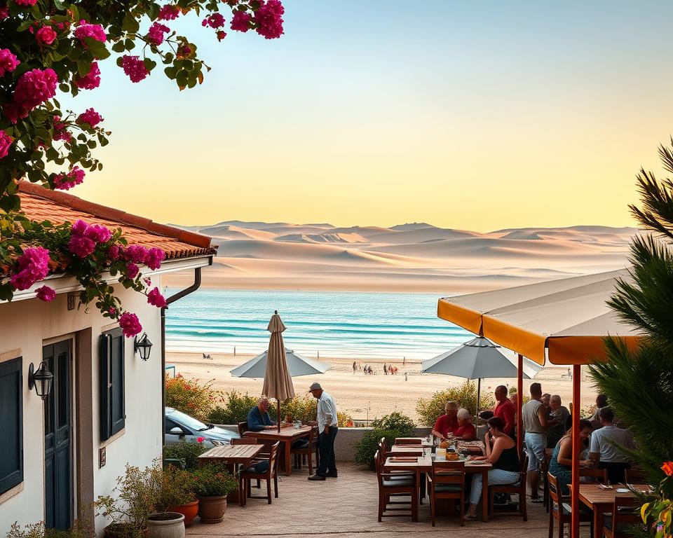 A serene view of Tavira Island, Portugal, showcasing a charming accommodation scene and a picturesque local restaurant. In the foreground, a cozy terracotta-roofed guesthouse with blooming bougainvillea decorating the entrance. The middle layer should feature an inviting outdoor dining area with rustic wooden tables under market umbrellas, where patrons in modest casual clothing enjoy traditional Portuguese dishes. In the background, gently rolling sand dunes lead to a crystal-clear turquoise sea under a soft golden sunset, casting warm, inviting light that enhances the tranquil atmosphere. The scene should evoke a sense of relaxation and enjoyment, capturing the essence of a perfect stay on Tavira Island.