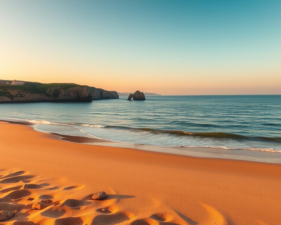 A serene view of the central coastline of Portugal, stretching from the charming city of Aveiro to the vibrant city of Lisbon. In the foreground, soft golden sands with gentle waves lapping at the shore, dotted with smooth stones. Midground features picturesque coastal cliffs with lush green vegetation, and small boats bobbing in the calm blue water, showcasing the traditional fishing heritage. The background reveals a clear sky painted with soft pastel hues at sunset, casting a warm, golden light on the scene. The atmosphere is peaceful and inviting, perfect for a tranquil getaway. Use a wide-angle lens to capture the expansive beauty of the coastline, highlighting the stunning colors of the landscape. No people or signs of civilization are included, allowing nature to take center stage.