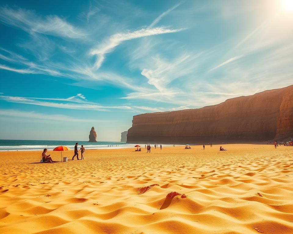 A stunning view of Praia da Falésia in Portugal during the best travel season for a beach day. In the foreground, soft golden sand stretches across the beach, with a few colorful beach umbrellas placed strategically. In the middle ground, visitors in light, casual clothing, such as sun hats and sunglasses, engage in beach activities like walking, playing, and relaxing. The background features the iconic red and orange cliffs that rise majestically against the azure sky, with wispy white clouds softly drifting by. The sunlight casts a warm golden hue, creating a tranquil and inviting atmosphere, perfect for a dreamy beach getaway. The angle is slightly elevated, capturing the sweeping coastline and the vibrant colors of nature.