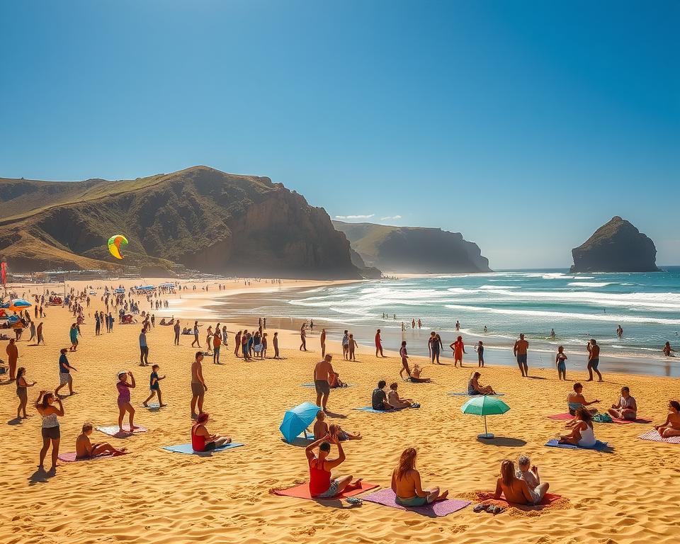 A vibrant and lively scene at Praia da Falésia, showcasing an array of beach activities. In the foreground, a diverse group of people engaging in beach volleyball, kite flying, and yoga on the golden sand, dressed in casual, modest clothing. The middle ground features families building sandcastles and lounging on colorful beach towels, with beach umbrellas dotted around. In the background, striking red cliffs rise majestically against a clear blue sky, with gentle waves lapping at the shore. The sun is shining brightly, casting warm, inviting light across the scene and reflecting off the water. The atmosphere is energetic yet relaxed, capturing the essence of a perfect day at the beach.