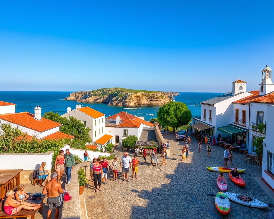 A vibrant and lively scene showcasing the charming village of Ferragudo, Portugal. In the foreground, local residents, dressed in casual summer attire, engage in various activities such as relaxing by the waterfront, strolling along the cobblestone streets, and practicing water sports like kayaking and paddleboarding. The middle ground captures the iconic whitewashed buildings with colorful accents, lush greenery, and friendly cafés bustling with patrons. The background features the stunning cliffs meeting the azure waters of the Atlantic Ocean, under a clear blue sky. Soft, golden sunlight bathes the scene, creating a warm and inviting atmosphere. The angle of the view should be slightly elevated, offering a picturesque overview of this vibrant community and its array of leisure activities.