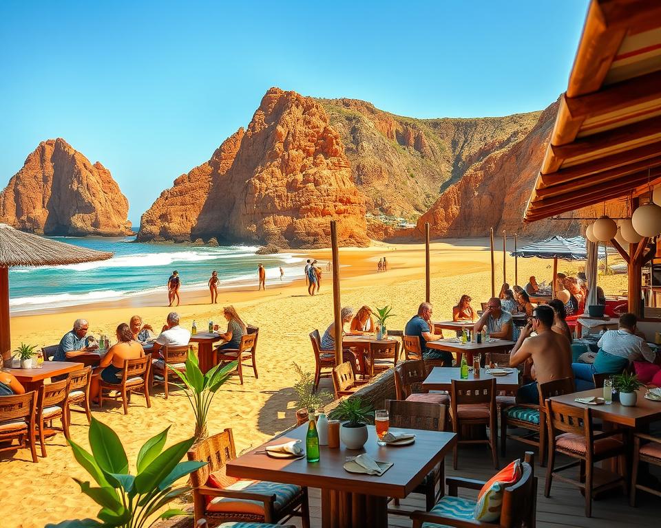 A vibrant beach scene depicting Strandbar Falésia at Praia da Falesia in Portugal. In the foreground, a cozy beach bar with rustic wooden furniture, colorful cushions, and soft lighting creates an inviting atmosphere. Patrons enjoy refreshing drinks and light meals at tables adorned with tropical plants. In the middle ground, a golden sandy beach stretches along the shoreline, with people casually walking and enjoying the sun. The background features impressive red cliffs that contrast beautifully with the turquoise ocean waves gently lapping at the shore. The lighting is warm, suggesting late afternoon, casting a golden hue over the scene. The overall mood is relaxed and cheerful, encapsulating a perfect beach day by the bar.