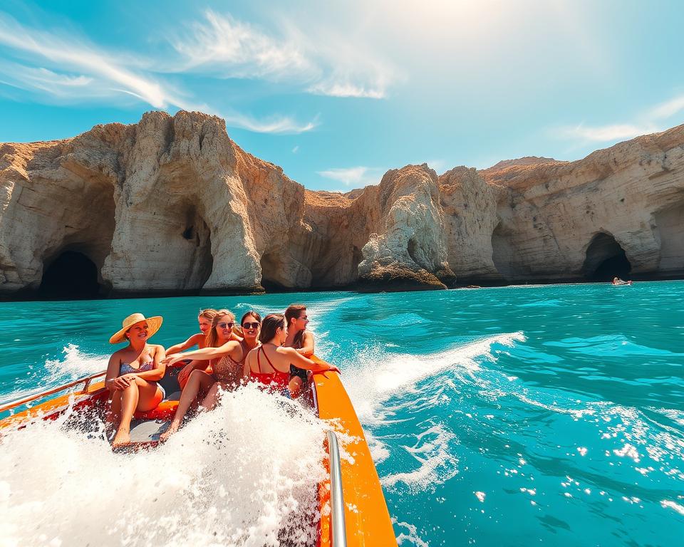 A vibrant scene of a boat tour in the Algarve coast, showcasing the magnificent cliffs and turquoise waters. In the foreground, a colorful boat with tourists in modest summer clothing enjoying the trip, surrounded by playful splashes of water. The middle ground features stunning limestone formations and hidden coves, with gentle waves lapping against the rocks. The background includes a clear blue sky with wispy clouds, casting golden sunlight that glimmers on the water's surface. The mood is joyful and adventurous, capturing the essence of exploration and natural beauty in Ferragudo, Portugal. Use a wide-angle perspective to emphasize the vastness of the coastline and the allure of the Mediterranean environment.