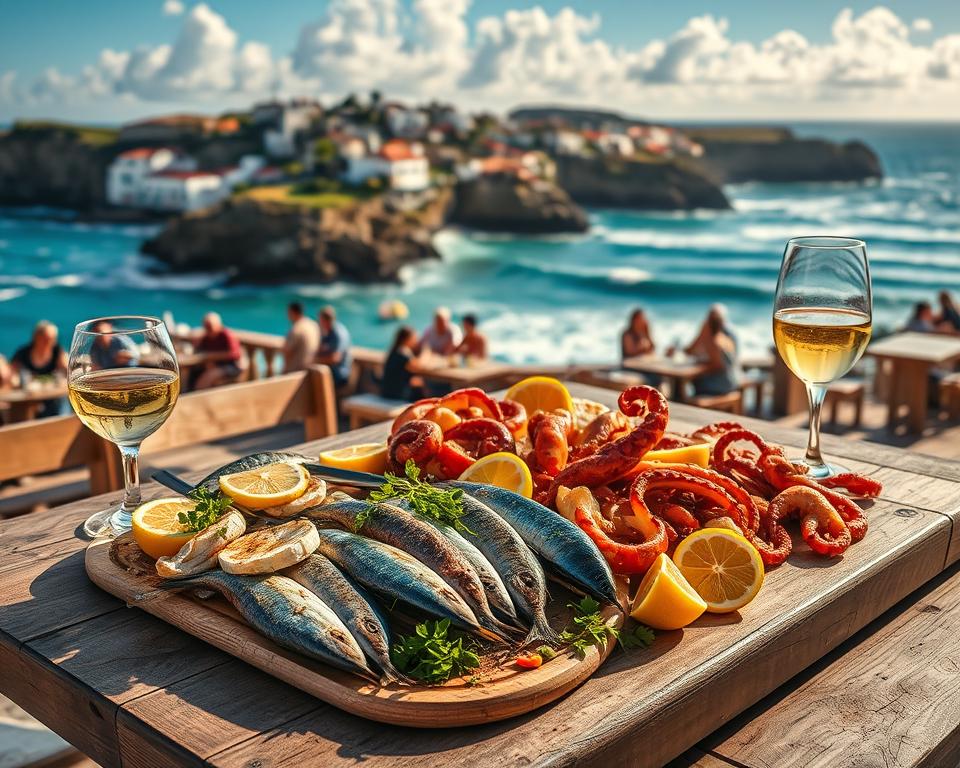 A vibrant seaside scene capturing the culinary delights along the Portugal coast. In the foreground, a rustic wooden table laden with an array of freshly caught seafood, including grilled sardines and succulent octopus, garnished with colorful herbs and lemon slices. On one side, a glass of local white wine glistens in the sunlight. In the middle ground, a charming coastal village with whitewashed buildings and terracotta roofs, with people casually enjoying their meals at outdoor cafés. In the background, the dramatic cliffs and azure ocean waves crashing against the shoreline under a bright blue sky with soft, fluffy clouds. The image is bathed in warm, natural light, creating a welcoming and inviting atmosphere. Capture this scene with a slightly elevated angle, making it feel intimate and immersive.